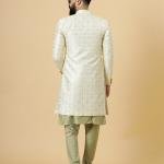 Alluring Cream Geometrical Thread Embroidered Open Sherwani with Lime Green Kurta-Pajama Set | Father Son Combo | Jaipurio Collection